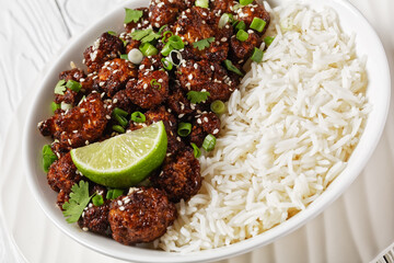 Cauliflower wings with teriyaki sauce, top view