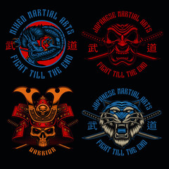 A set of colorful Samurai-themed badges, these illustrations can be used as shirt prints, translation of Japanese characters in the file layer name