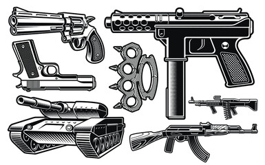 Set of black and white vector illustration of different weapon isolated on white background