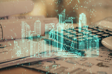 Double exposure of town drawings and desk with open notebook background. Concept of smart city