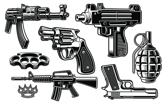 A set of black and white vector illustration of weapon isolated on white background