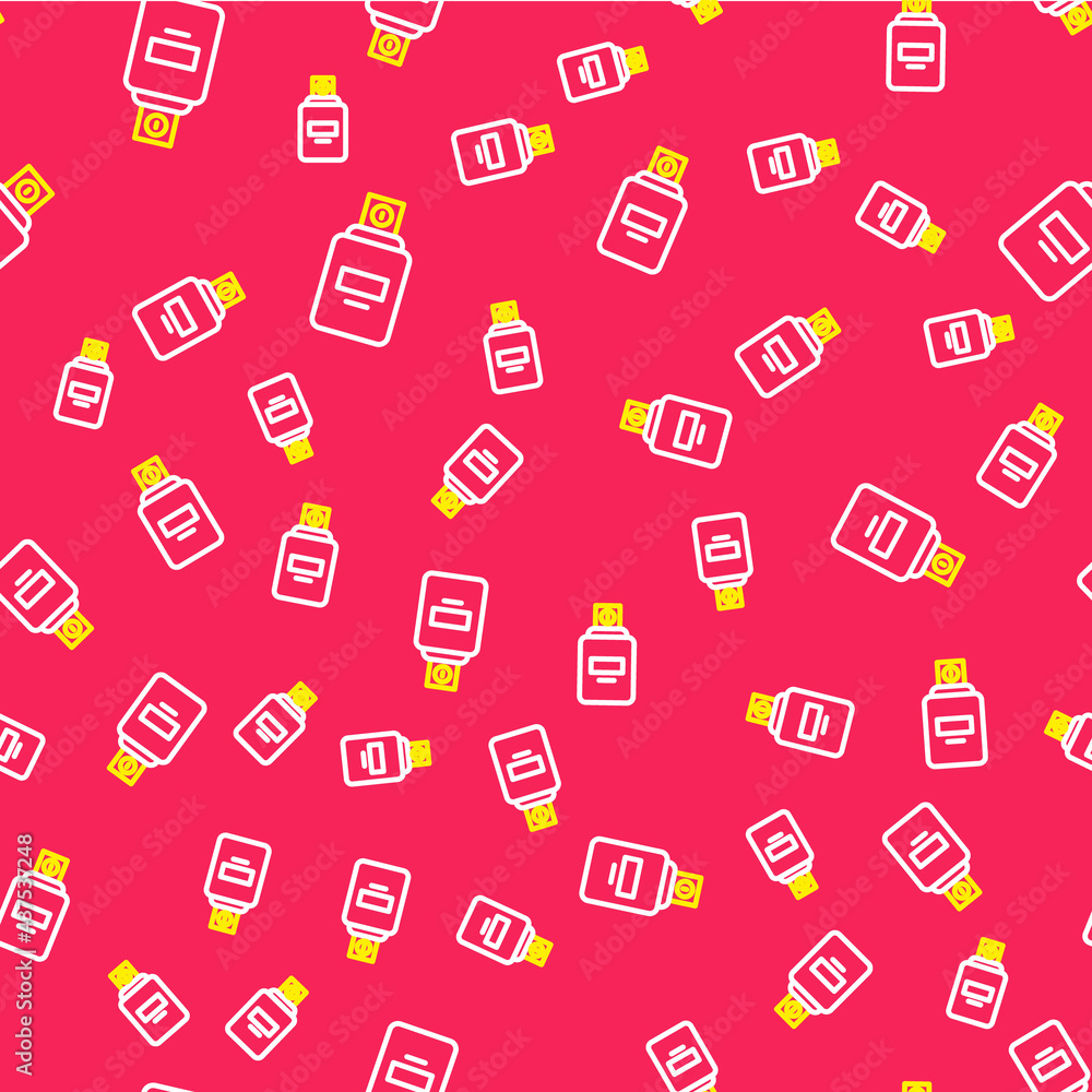 Poster line perfume icon isolated seamless pattern on red background. vector