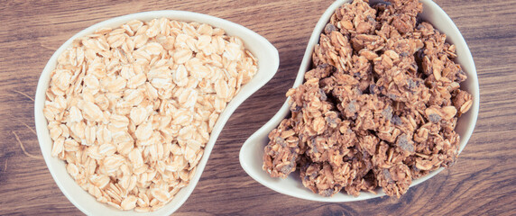 Oat flakes and granola with chocolate as source iron and fiber, healthy snack concept