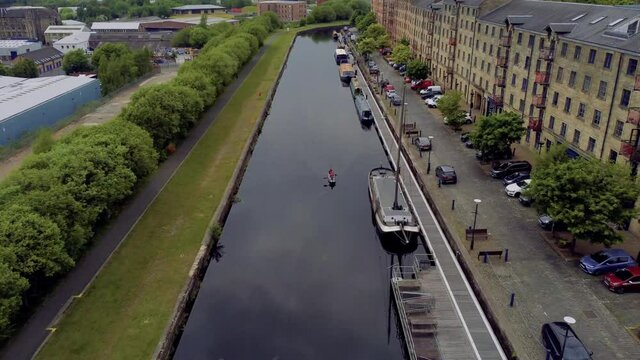 Glasgow Scotland 2021 4k aerial shot over forth and clyde canal at spiers wharf