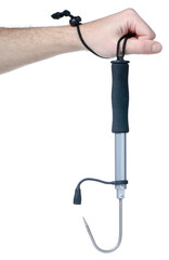 Folding hook for fishing in hand on white background isolation