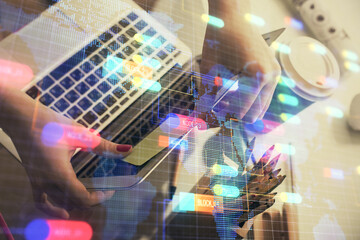 Multi exposure of woman hands working on computer and data theme hologram drawing. Tech concept.