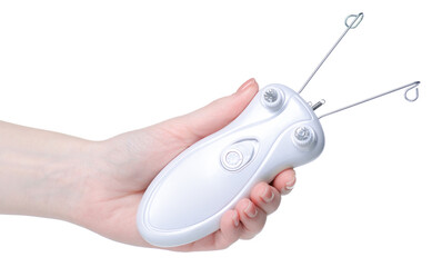 female electric epilator in hand on white background isolation