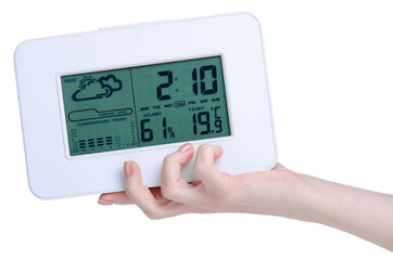 digital weather station in hand on white background isolation