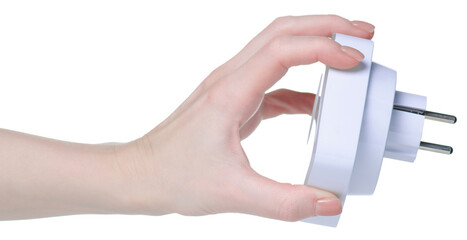 Automatic night light in the socket in hand on white background isolation