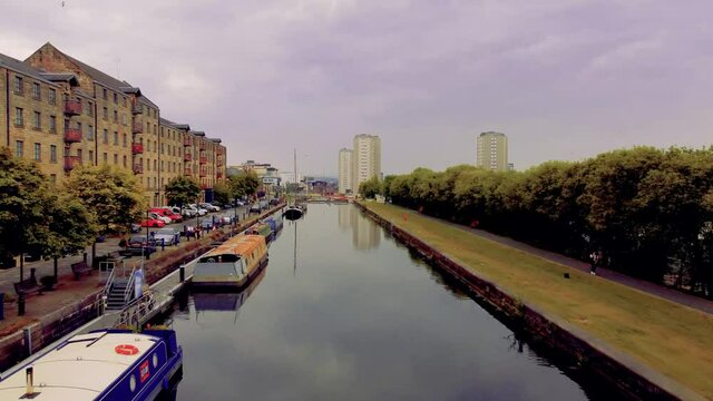 Glasgow Scotland 2021 4k aerial shot over forth and clyde canal at spiers wharf