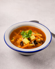 Cooked mushroom soup in a plate on a light background