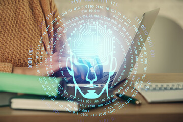 Multi exposure of woman hands working on computer and brain hologram drawing. Ai concept.
