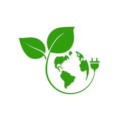 Planet with green leaf and power socket. Eco sign design. Vector illustration.