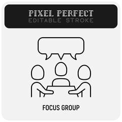 Focus group, meeting, teamwork thin line icon. Group of people sitting by the table. Brainstorm. Pixel perfect, editable stroke. Vector illustration.