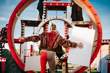 Stuntman performance in shapito  circus in street arena

