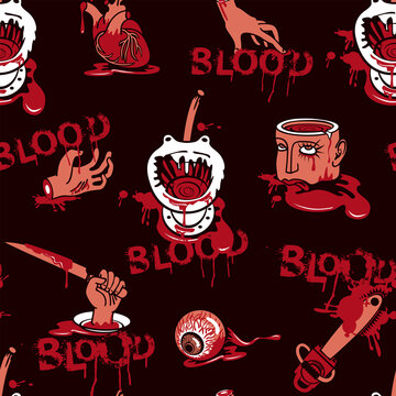 Seamless pattern with spooky cartoon pictures and inscriptions BLOOD on black backdrop. Vector background on a halloween theme with severed head and arms, torn out heart and eyes in a puddles of blood