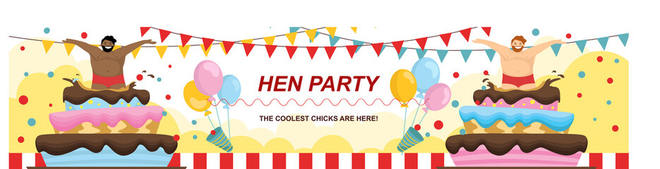 Banner invitation to a bachelorette party. Beautiful men dancing in big cakes. Cartoon style, vector