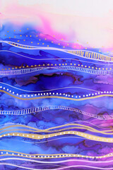 art photography of abstract fluid painting with alcohol ink, blue, purple and gold colors