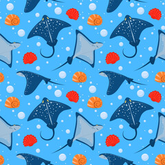 marine vector pattern with stingrays and seashells on a blue background