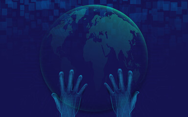 Hand holding with the globe. Futuristic technology digital hi-tech concept background. Vector illustration