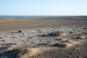 Fototapeta na wymiar Arid landscape with dry soil at Lanzarote, Canary islands, spain. Blue ocean in the distance.