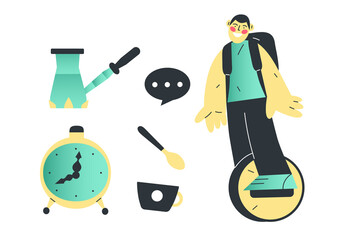 vector illustration of a young man with a backpack rides a monowheel © Sergei