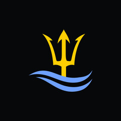 golden trident poseidon neptune king of water and blue ocean wave or shiva hinduism goddess logo design vector © Roossoo