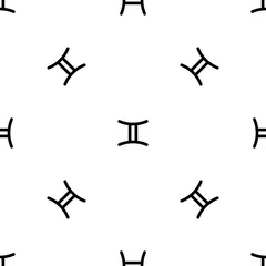 Seamless pattern of repeated black zodiac gemini symbols. Elements are evenly spaced and some are rotated. Vector illustration on white background