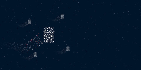 Fototapeta na wymiar A jar of jam symbol filled with dots flies through the stars leaving a trail behind. There are four small symbols around. Vector illustration on dark blue background with stars