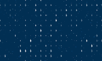 Seamless background pattern of evenly spaced white pregnant woman symbols of different sizes and opacity. Vector illustration on dark blue background with stars