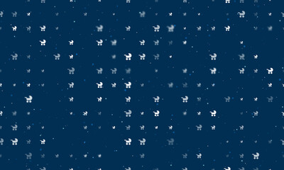 Seamless background pattern of evenly spaced white baby carriage symbols of different sizes and opacity. Vector illustration on dark blue background with stars