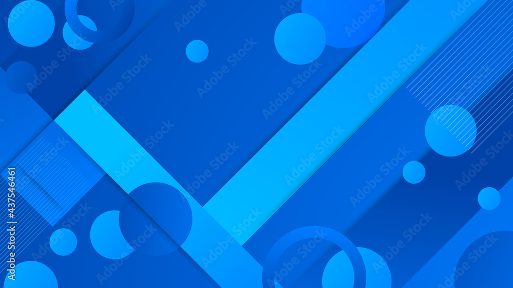 Poster Blue geometric abstract background with circle, triangle, dot, and rectangle. Blue Memphis abstract background. Modern abstract high speed movement. Colourful dynamic motion on blue background