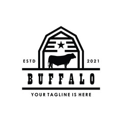 buffalo bull bison cow cattle angus and wooden barn farmer logo design vector illustration
