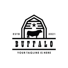 Naklejka premium buffalo bull bison cow cattle angus and wooden barn farmer logo design vector illustration