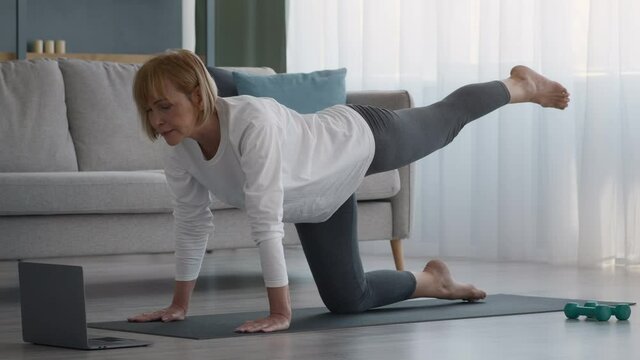Senior Woman Doing Pilates Standing All-Fours Raising Leg At Home