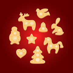 Set of gingerbread cookies. Decorative Christmas biscuits. Vector illustration.