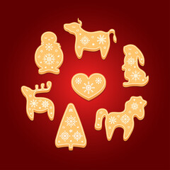 Set of gingerbread cookies. Decorative Christmas biscuits. Vector illustration.