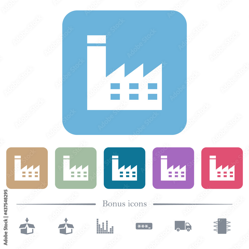 Poster factory building flat icons on color rounded square backgrounds