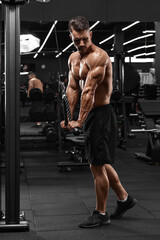 Fototapeta na wymiar Muscular man working out in gym doing exercise for triceps, strong male bodybuilder