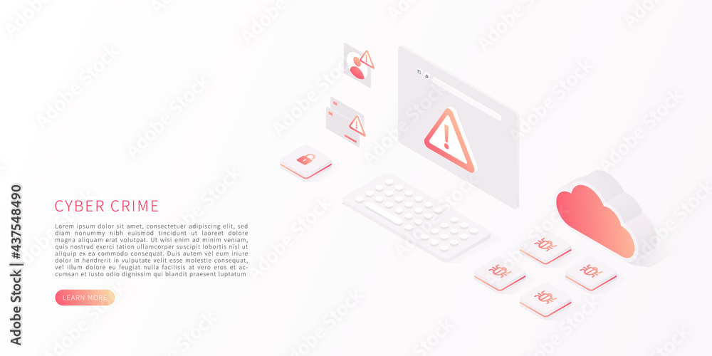 Poster cyber crime concept. cyber attack by hacker, virus, malware. isometric vector of computer virus, ale