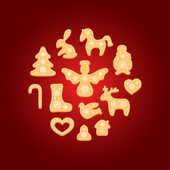 Set of gingerbread cookies. Decorative Christmas biscuits. Vector illustration.