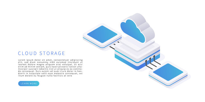 Cloud storage concept in isometric vector illustration. Digital service or app with data transfering. Digital server, database and cloud computing service. Vector illustration.