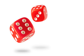 The dice are red with white dots, isolated on a white background for clipping