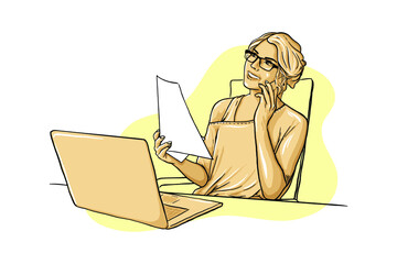 Woman is working on a laptop and talking on the phone. Vector illustration. Hand-drawn style