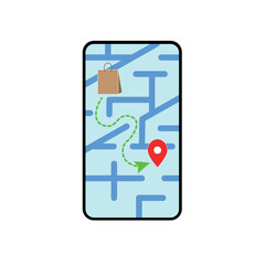 Blue city map on smartphone screen with brown craft package. Online shopping.