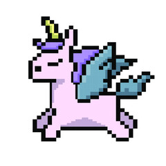 Fantasy game pixel art assets with unicorns. Vector