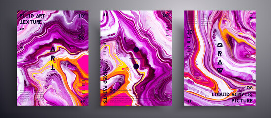 Abstract vector banner, texture collection of fluid art covers. Beautiful background that applicable for design cover, poster, brochure and etc. Purple, orange and white creative iridescent artwork.