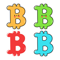 Funny cute happy bitcoin characters bundle set. Vector kawaii line cartoon style illustration. Cute bitcoin mascot character collection