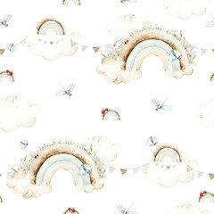 Watercolor nursery seamless pattern Hand painted cute butterfly, balloons of flowers, clouds, rainbow. isolated on white background. illustration for design, print, wallpaper © 60seconds