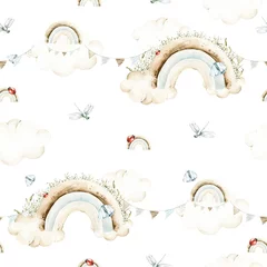 Watercolor nursery seamless pattern Hand painted cute butterfly, balloons of flowers, clouds, rainbow. isolated on white background. illustration for design, print, wallpaper © 60seconds